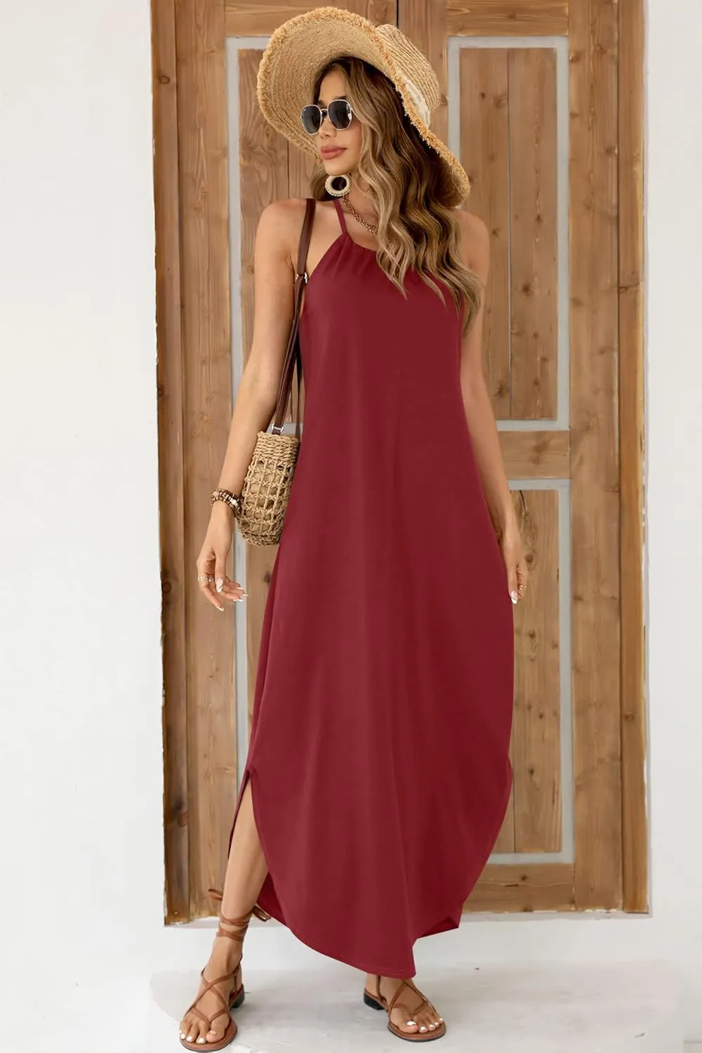 For G and PL Women's Summer Casual Halter Side Slit Long Maxi Beach Dress Vacation Resort Sundress