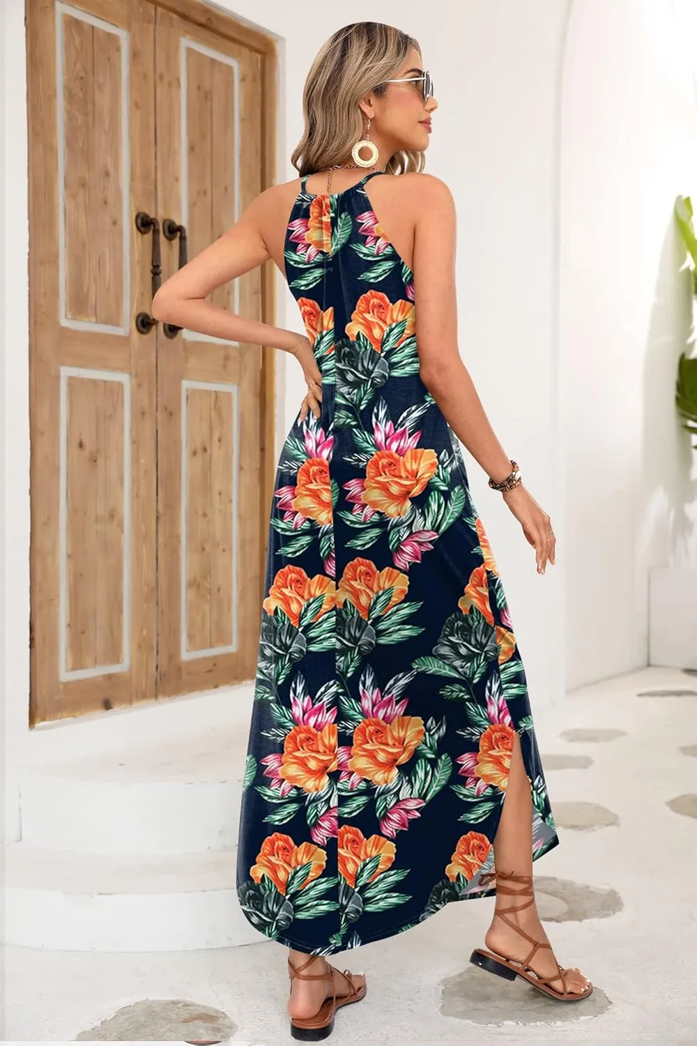 For G and PL Women's Summer Casual Halter Side Slit Long Maxi Beach Dress Vacation Resort Sundress