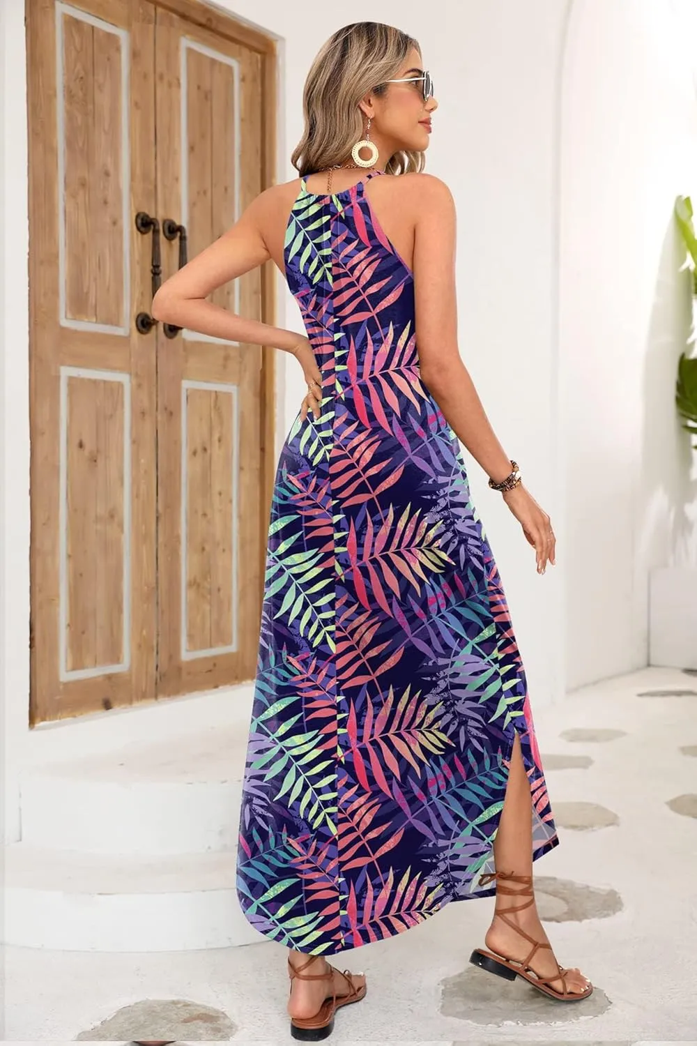 For G and PL Women's Summer Casual Halter Side Slit Long Maxi Beach Dress Vacation Resort Sundress