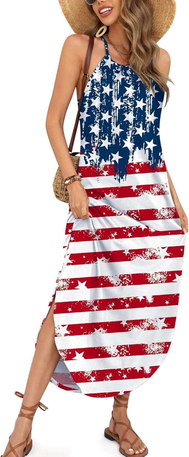 For G and PL Women's Summer Casual Halter Side Slit Long Maxi Beach Dress Vacation Resort Sundress