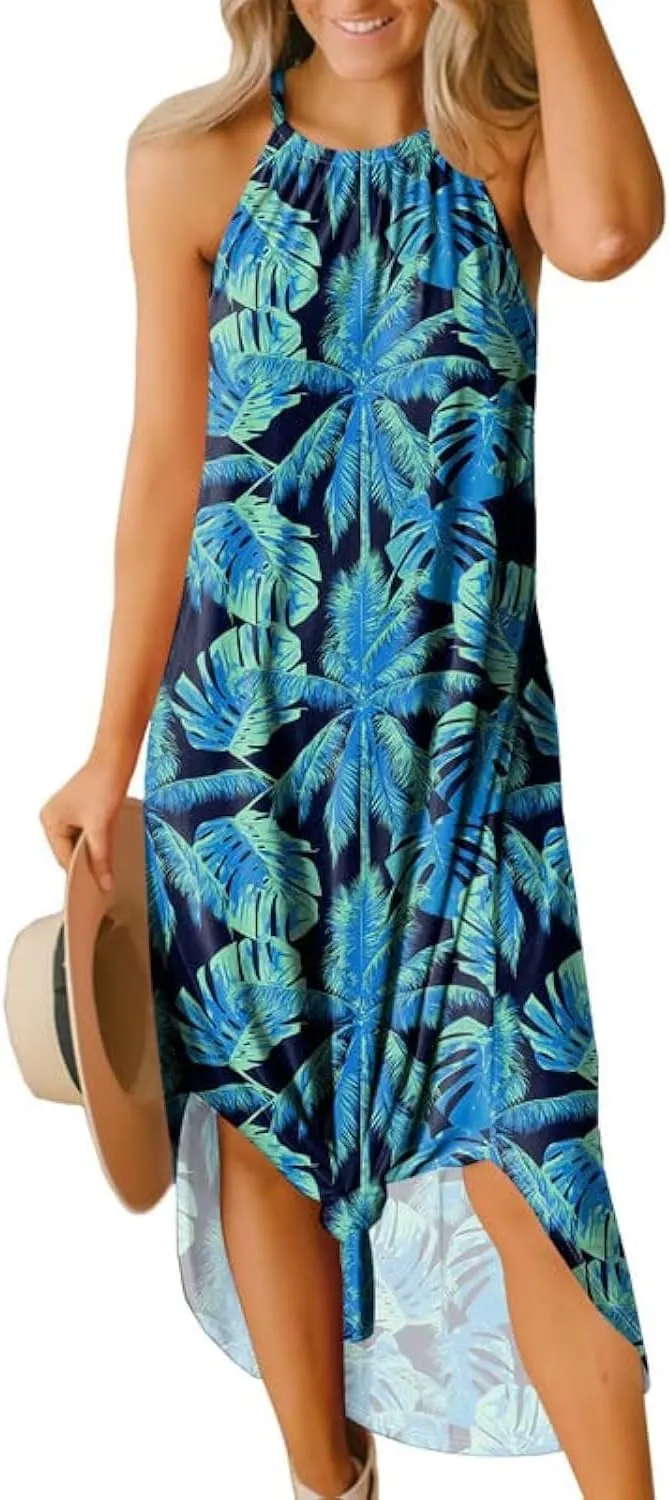 For G and PL Women's Summer Casual Halter Side Slit Long Maxi Beach Dress Vacation Resort Sundress