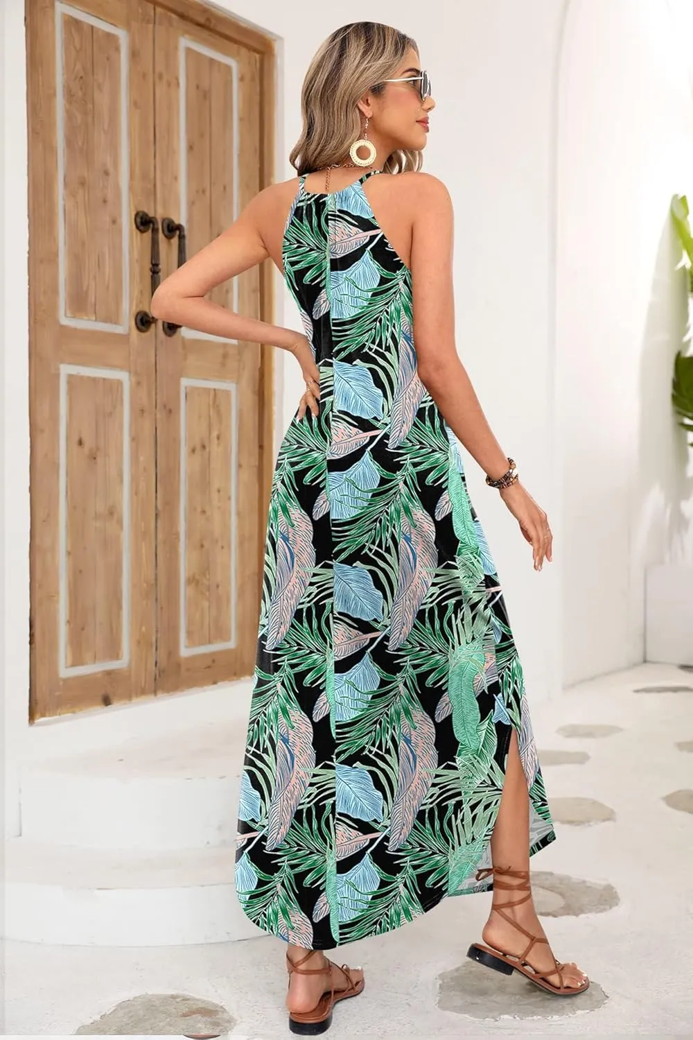 For G and PL Women's Summer Casual Halter Side Slit Long Maxi Beach Dress Vacation Resort Sundress