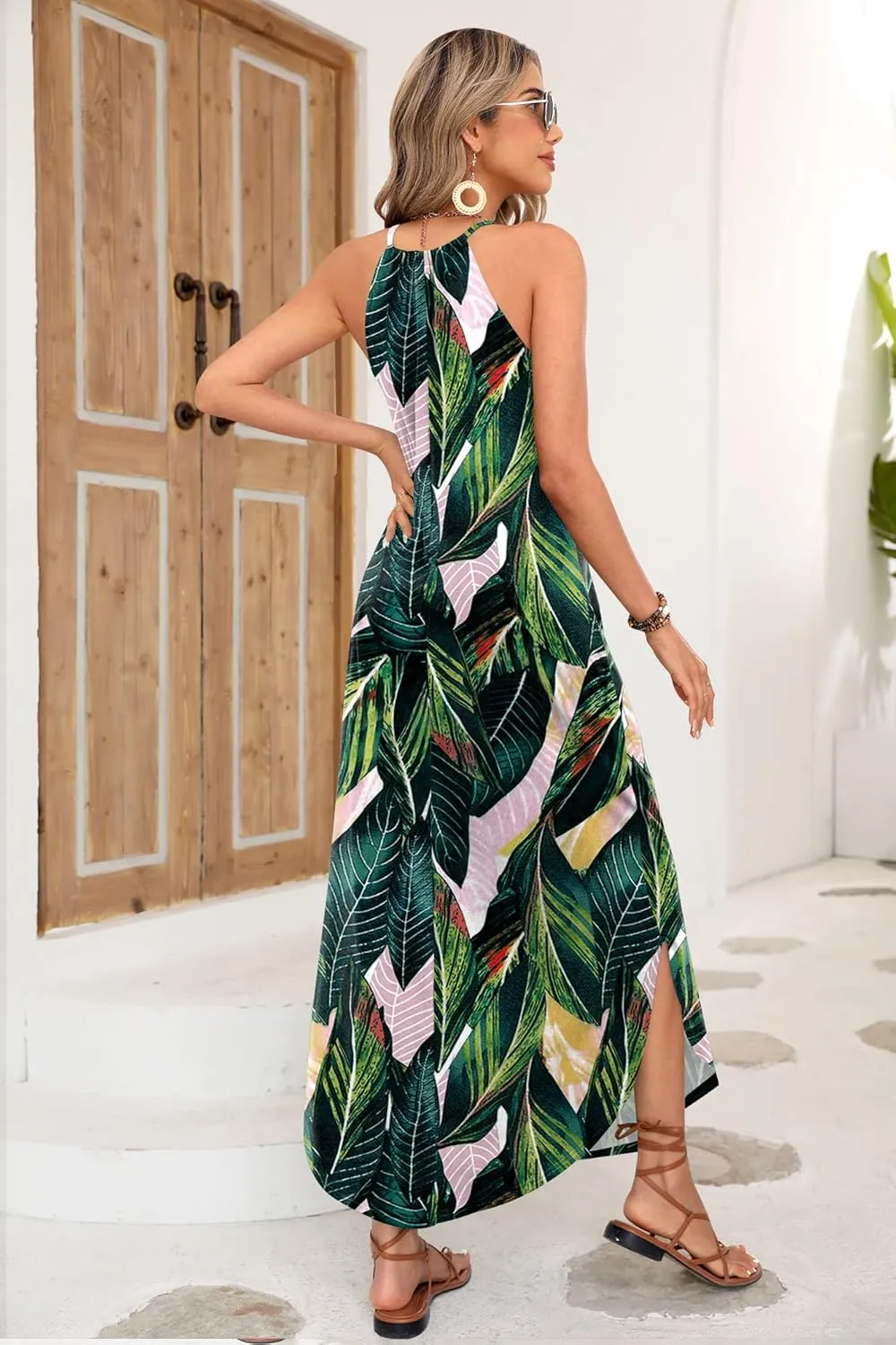 For G and PL Women's Summer Casual Halter Side Slit Long Maxi Beach Dress Vacation Resort Sundress
