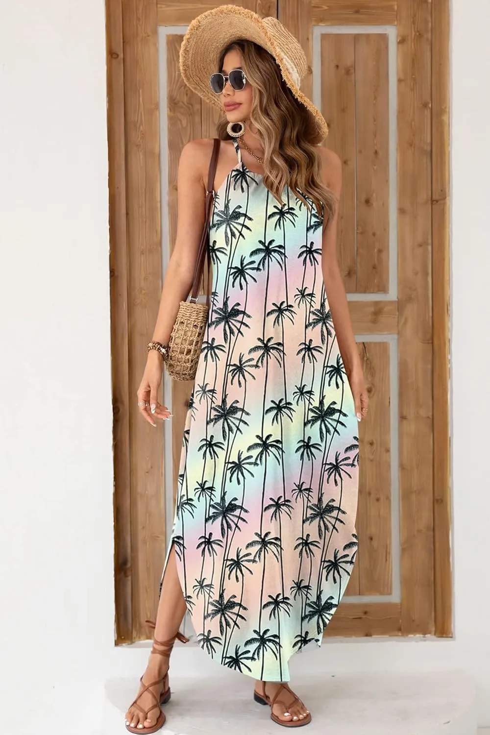 For G and PL Women's Summer Casual Halter Side Slit Long Maxi Beach Dress Vacation Resort Sundress