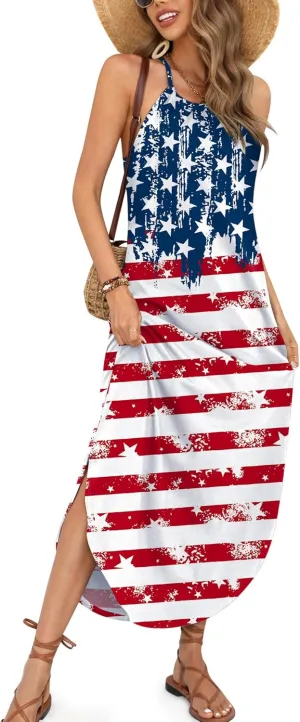For G and PL Women's Summer Casual Halter Side Slit Long Maxi Beach Dress Vacation Resort Sundress