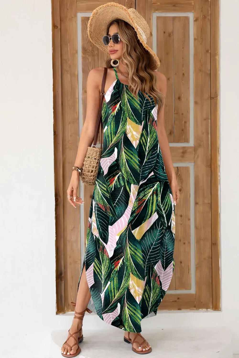For G and PL Women's Summer Casual Halter Side Slit Long Maxi Beach Dress Vacation Resort Sundress