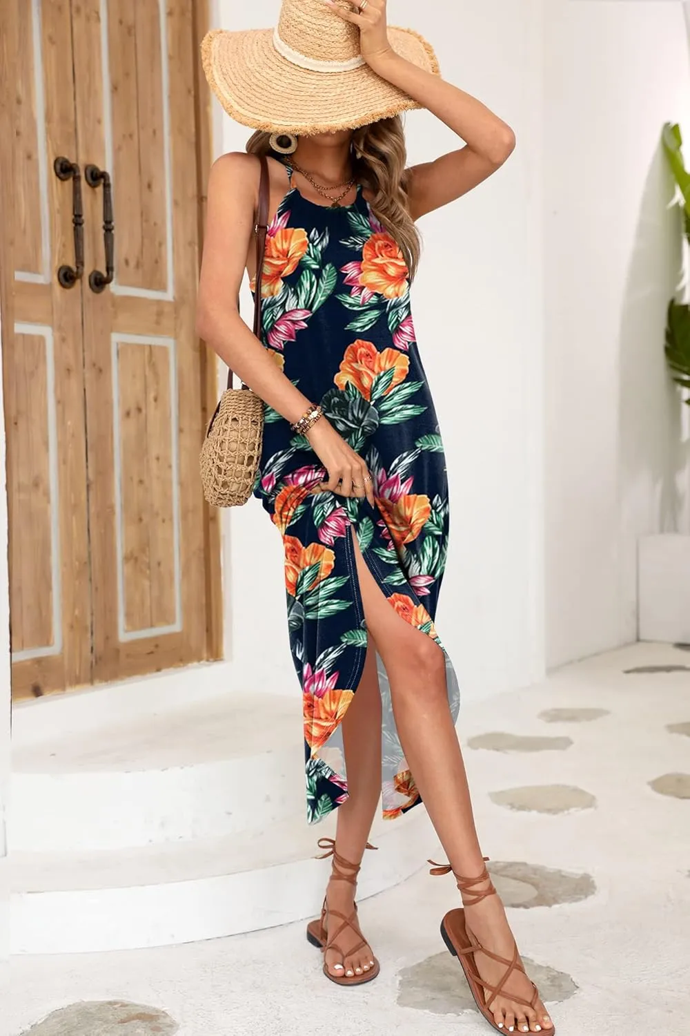 For G and PL Women's Summer Casual Halter Side Slit Long Maxi Beach Dress Vacation Resort Sundress