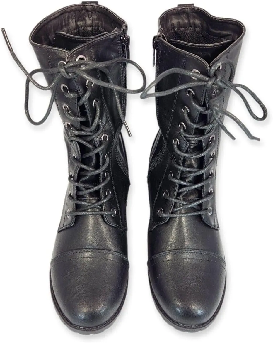 Forever Link Womens Round Toe Military Lace up Knit Ankle Cuff Low Heel Combat Boots
