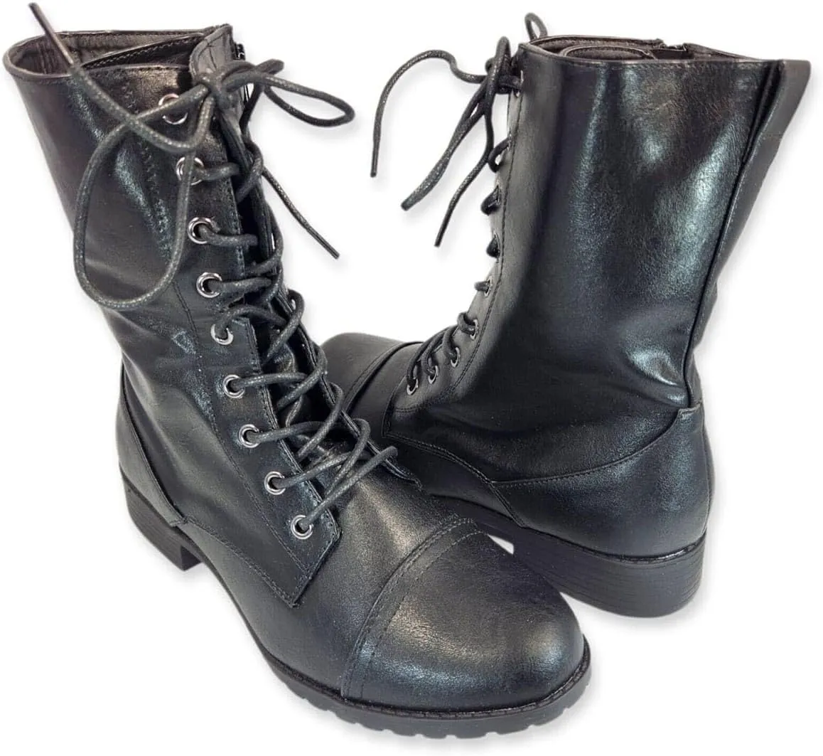 Forever Link Womens Round Toe Military Lace up Knit Ankle Cuff Low Heel Combat Boots