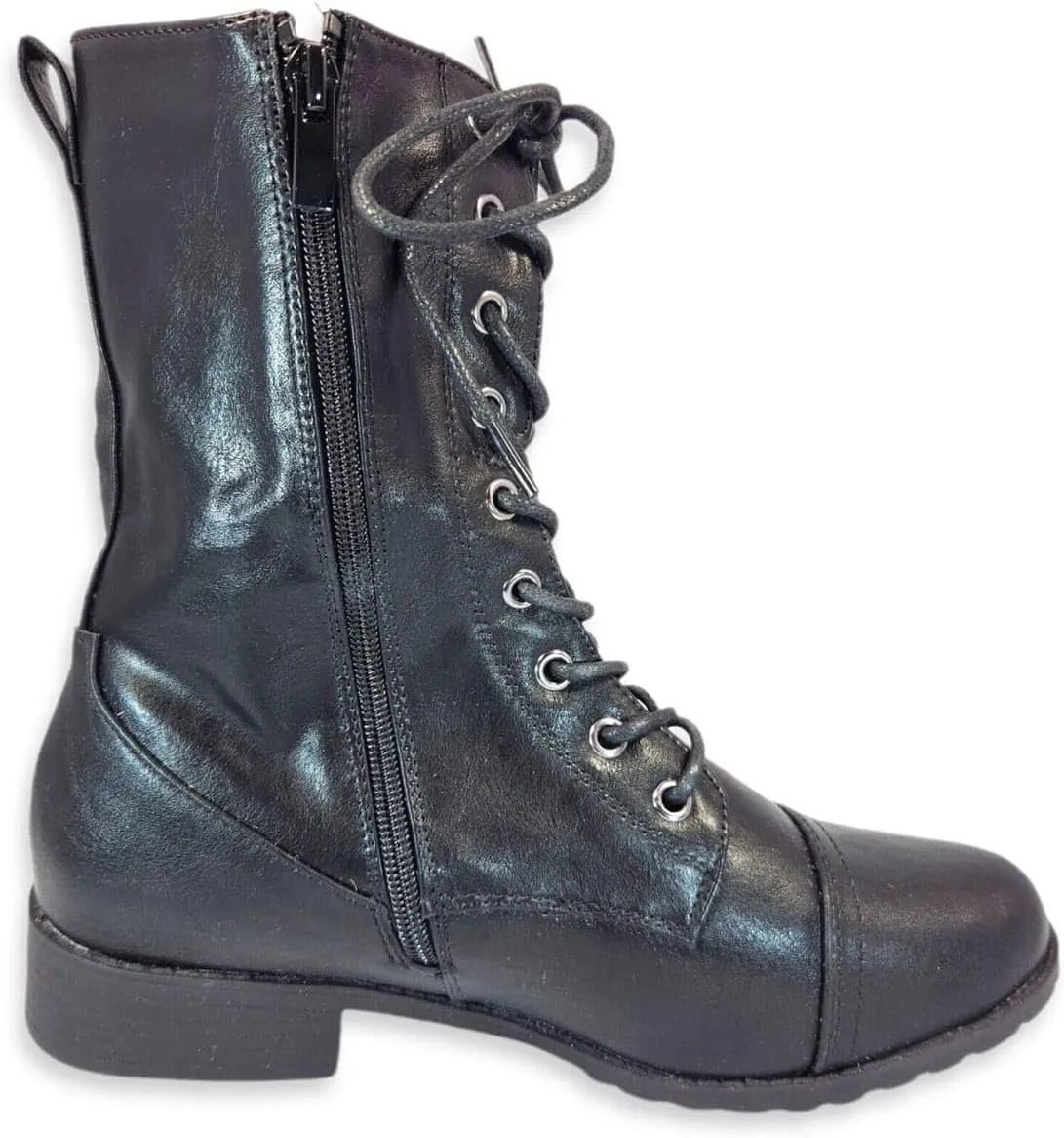 Forever Link Womens Round Toe Military Lace up Knit Ankle Cuff Low Heel Combat Boots