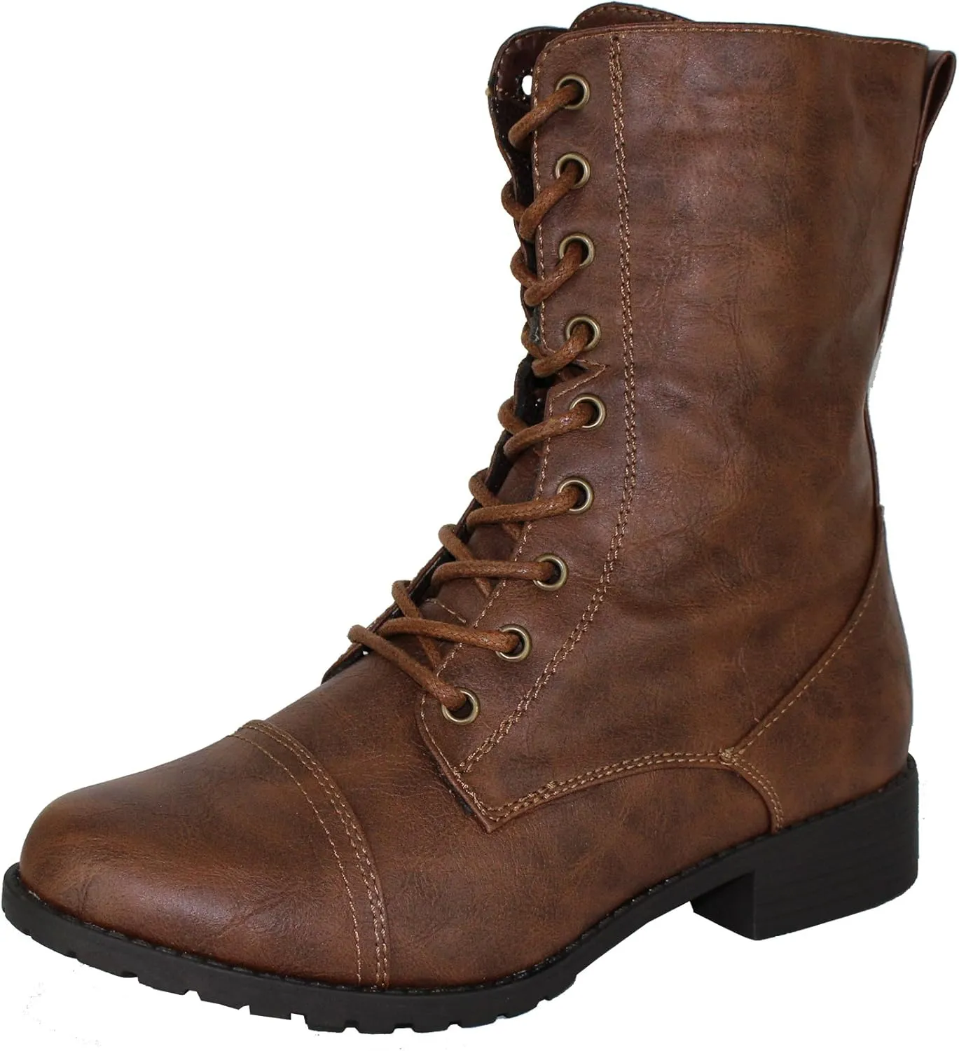 Forever Link Womens Round Toe Military Lace up Knit Ankle Cuff Low Heel Combat Boots