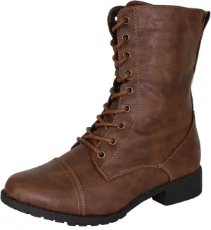 Forever Link Womens Round Toe Military Lace up Knit Ankle Cuff Low Heel Combat Boots