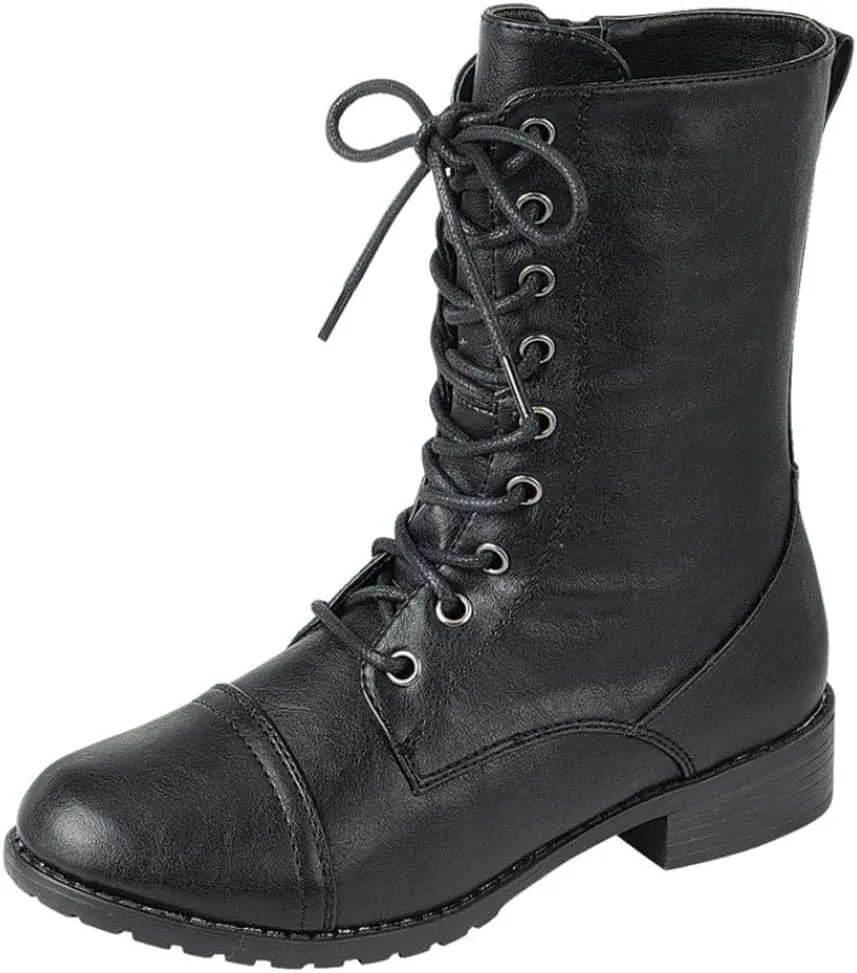 Forever Link Womens Round Toe Military Lace up Knit Ankle Cuff Low Heel Combat Boots