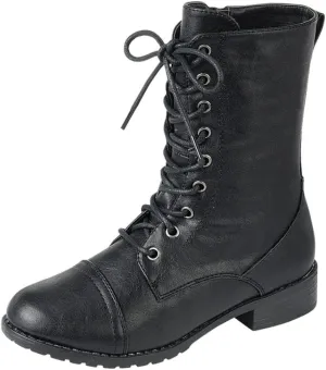 Forever Link Womens Round Toe Military Lace up Knit Ankle Cuff Low Heel Combat Boots