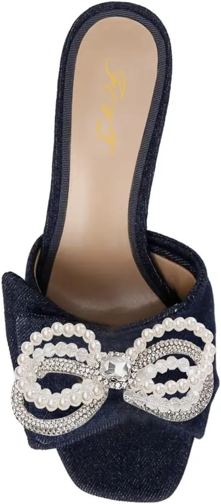 FOWT Women Graceful Pearl Bowknot Open Toe Slip On Slide Sandals Comfortable Low Heel Summer Party Casual Slippers Size 4-16 US