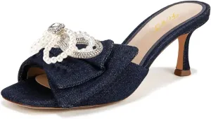 FOWT Women Graceful Pearl Bowknot Open Toe Slip On Slide Sandals Comfortable Low Heel Summer Party Casual Slippers Size 4-16 US