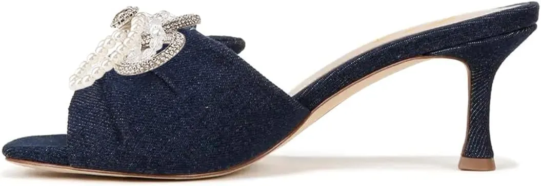 FOWT Women Graceful Pearl Bowknot Open Toe Slip On Slide Sandals Comfortable Low Heel Summer Party Casual Slippers Size 4-16 US
