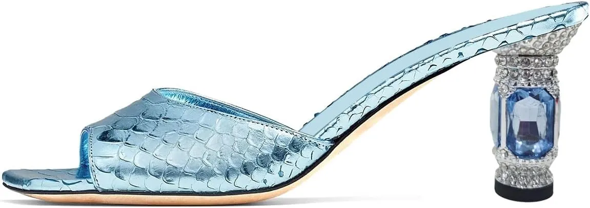 FOWT Women Graceful Peep Toe Crystal Chunky Low Heel Mules Slip On Comfortable Ladies Party Dress Casual Shoes Size 4-16 US