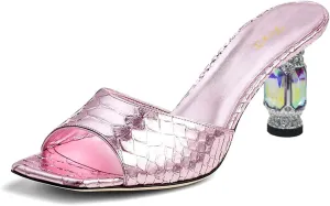FOWT Women Graceful Peep Toe Crystal Chunky Low Heel Mules Slip On Comfortable Ladies Party Dress Casual Shoes Size 4-16 US