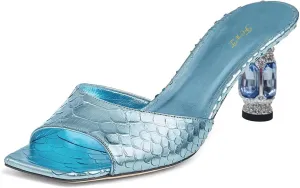 FOWT Women Graceful Peep Toe Crystal Chunky Low Heel Mules Slip On Comfortable Ladies Party Dress Casual Shoes Size 4-16 US