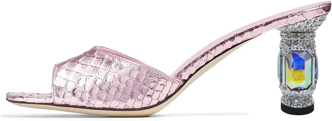 FOWT Women Graceful Peep Toe Crystal Chunky Low Heel Mules Slip On Comfortable Ladies Party Dress Casual Shoes Size 4-16 US