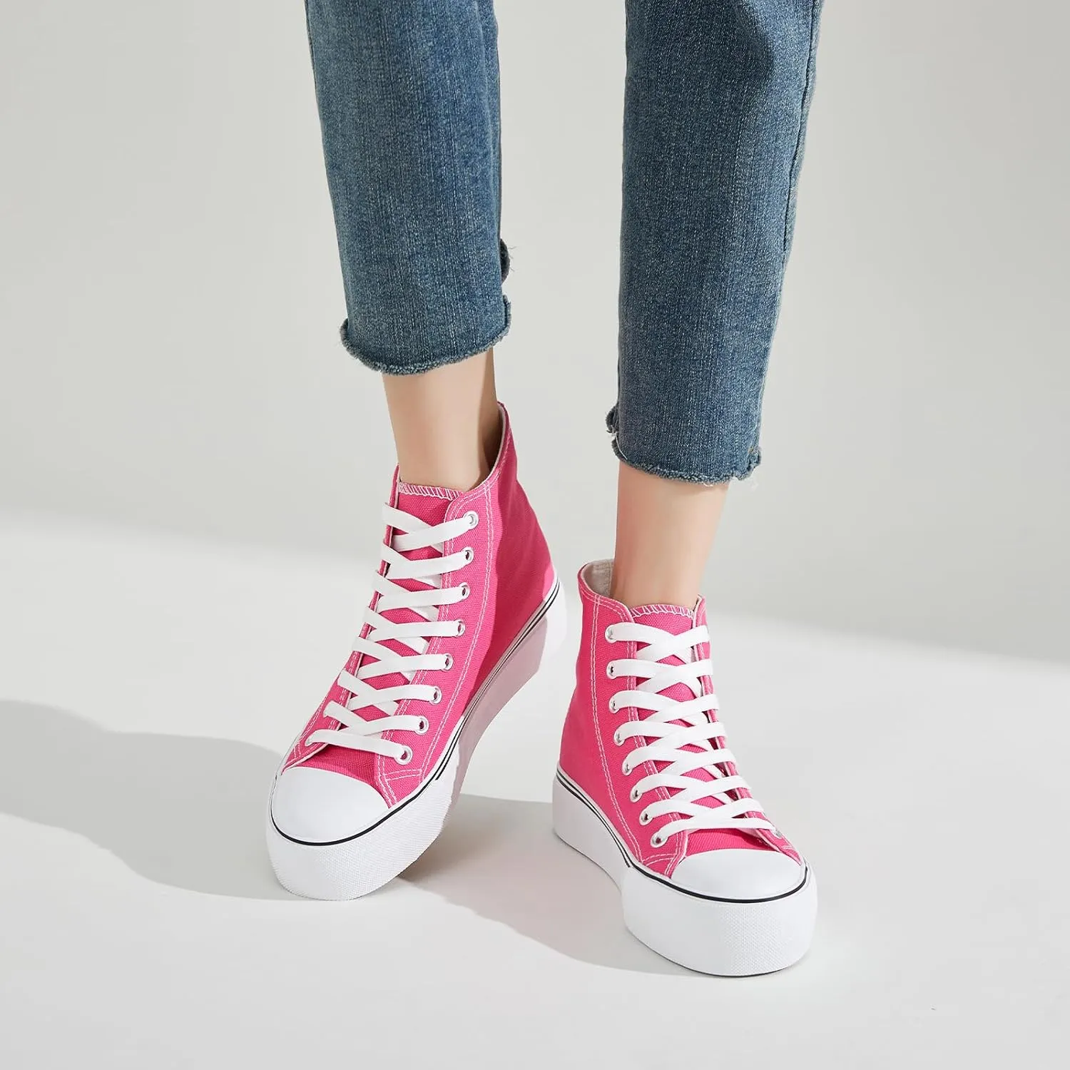 FRACORA Womens High Top Canvas Shoes White Black Platform Sneakers Lace Up Shoes for Women