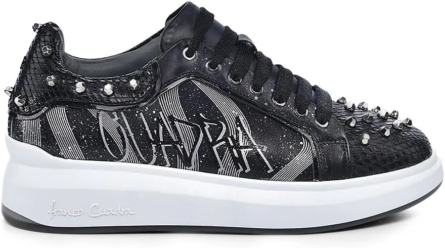 FRANCO CUADRA Women's Sneakers in Genuine Python Leather with Studs Black