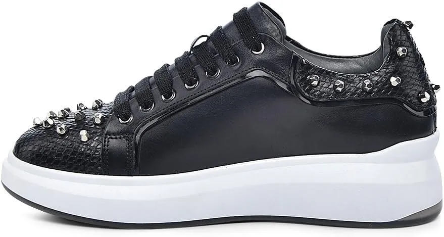 FRANCO CUADRA Women's Sneakers in Genuine Python Leather with Studs Black