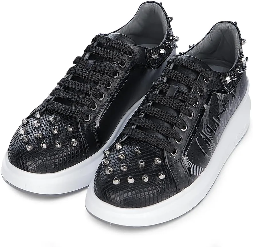 FRANCO CUADRA Women's Sneakers in Genuine Python Leather with Studs Black
