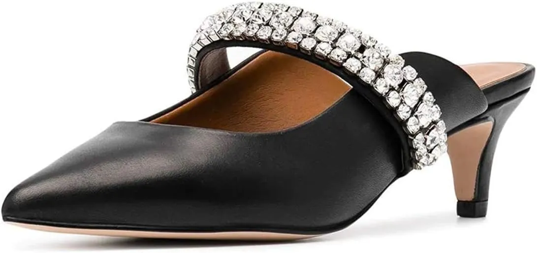 FSJ Pointed Toe Mid Heels Mules Rhinestones Crystals Studded Strap Slip On Sandals for Women Wedding Formal Party Shoes Size 4-15 US