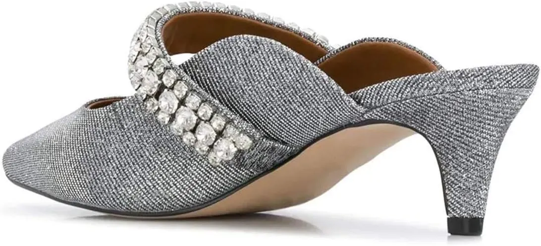 FSJ Pointed Toe Mid Heels Mules Rhinestones Crystals Studded Strap Slip On Sandals for Women Wedding Formal Party Shoes Size 4-15 US