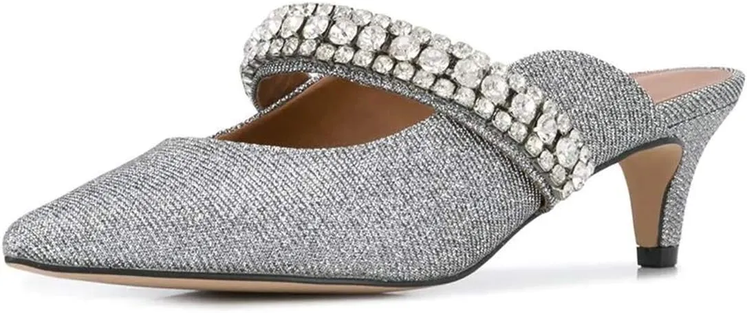 FSJ Pointed Toe Mid Heels Mules Rhinestones Crystals Studded Strap Slip On Sandals for Women Wedding Formal Party Shoes Size 4-15 US