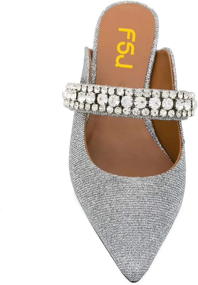 FSJ Pointed Toe Mid Heels Mules Rhinestones Crystals Studded Strap Slip On Sandals for Women Wedding Formal Party Shoes Size 4-15 US