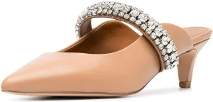 FSJ Pointed Toe Mid Heels Mules Rhinestones Crystals Studded Strap Slip On Sandals for Women Wedding Formal Party Shoes Size 4-15 US