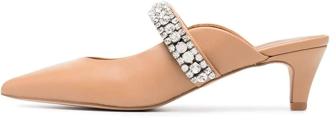 FSJ Pointed Toe Mid Heels Mules Rhinestones Crystals Studded Strap Slip On Sandals for Women Wedding Formal Party Shoes Size 4-15 US