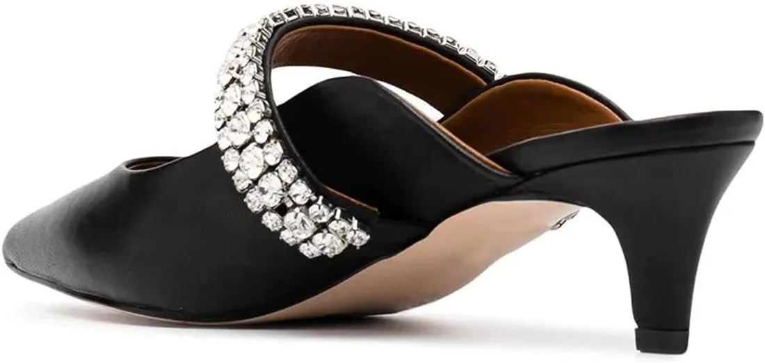 FSJ Pointed Toe Mid Heels Mules Rhinestones Crystals Studded Strap Slip On Sandals for Women Wedding Formal Party Shoes Size 4-15 US