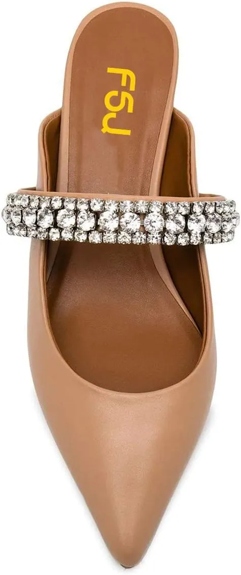 FSJ Pointed Toe Mid Heels Mules Rhinestones Crystals Studded Strap Slip On Sandals for Women Wedding Formal Party Shoes Size 4-15 US