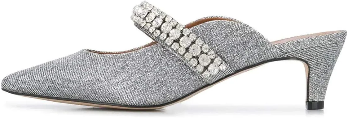 FSJ Pointed Toe Mid Heels Mules Rhinestones Crystals Studded Strap Slip On Sandals for Women Wedding Formal Party Shoes Size 4-15 US