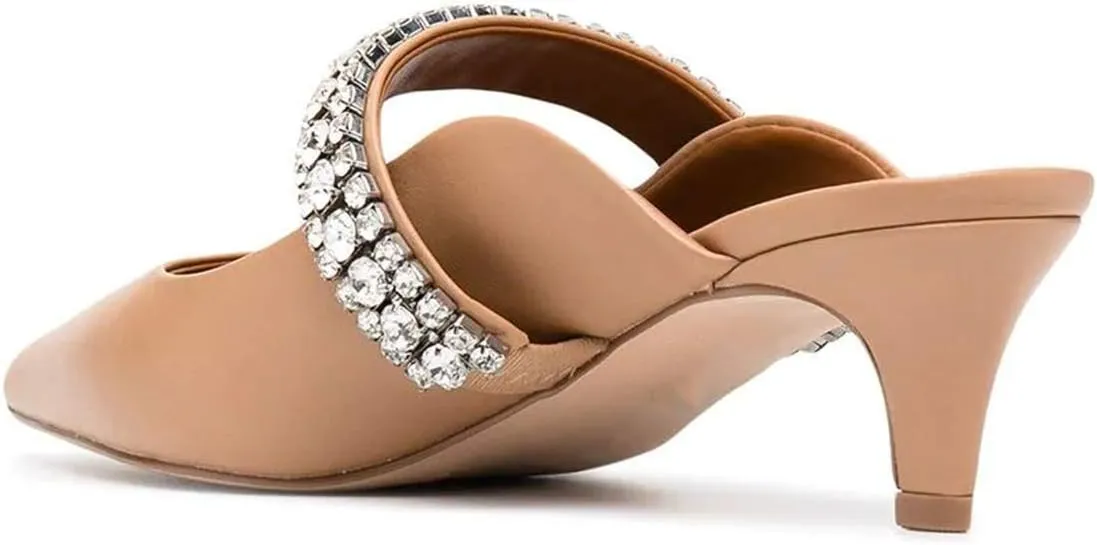 FSJ Pointed Toe Mid Heels Mules Rhinestones Crystals Studded Strap Slip On Sandals for Women Wedding Formal Party Shoes Size 4-15 US