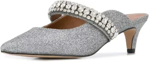 FSJ Pointed Toe Mid Heels Mules Rhinestones Crystals Studded Strap Slip On Sandals for Women Wedding Formal Party Shoes Size 4-15 US