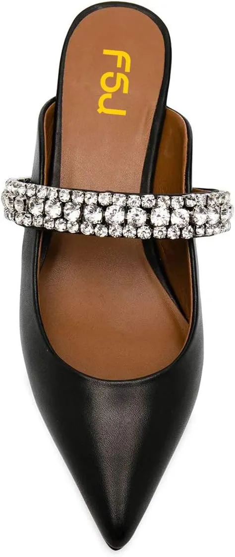 FSJ Pointed Toe Mid Heels Mules Rhinestones Crystals Studded Strap Slip On Sandals for Women Wedding Formal Party Shoes Size 4-15 US