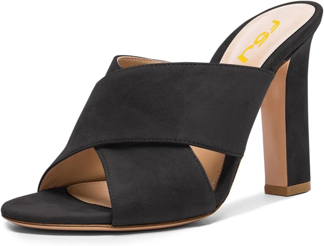 FSJ Women Chic Open Toe Platform Chunky High Heel Mules Sandals Crossover Strap Slide Shoes Size 4-15 US