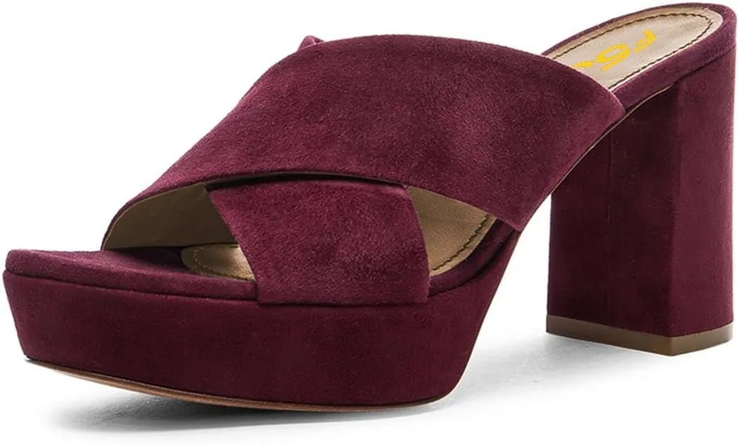 FSJ Women Chic Open Toe Platform Chunky High Heel Mules Sandals Crossover Strap Slide Shoes Size 4-15 US