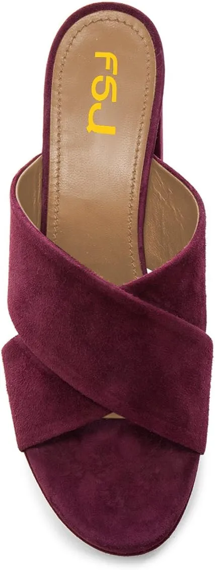 FSJ Women Chic Open Toe Platform Chunky High Heel Mules Sandals Crossover Strap Slide Shoes Size 4-15 US