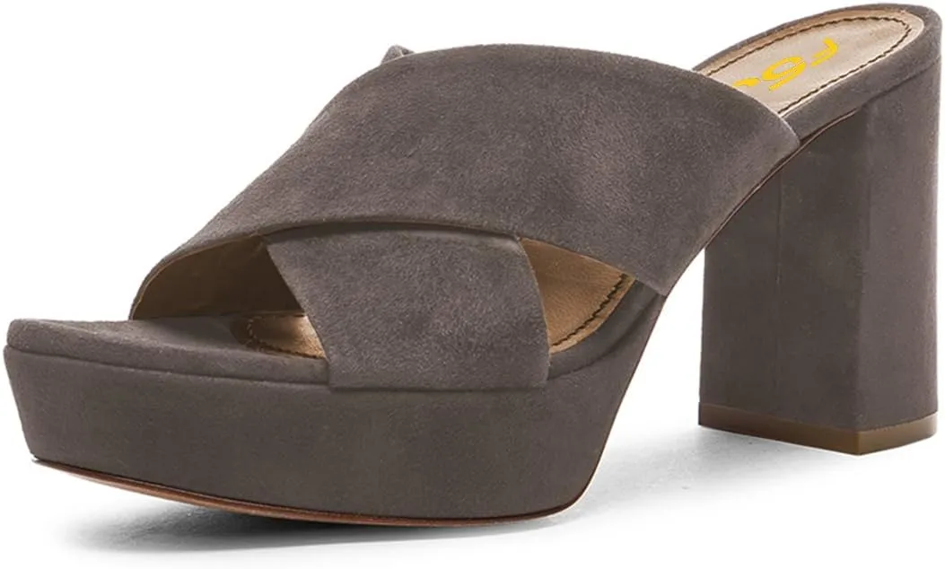 FSJ Women Chic Open Toe Platform Chunky High Heel Mules Sandals Crossover Strap Slide Shoes Size 4-15 US