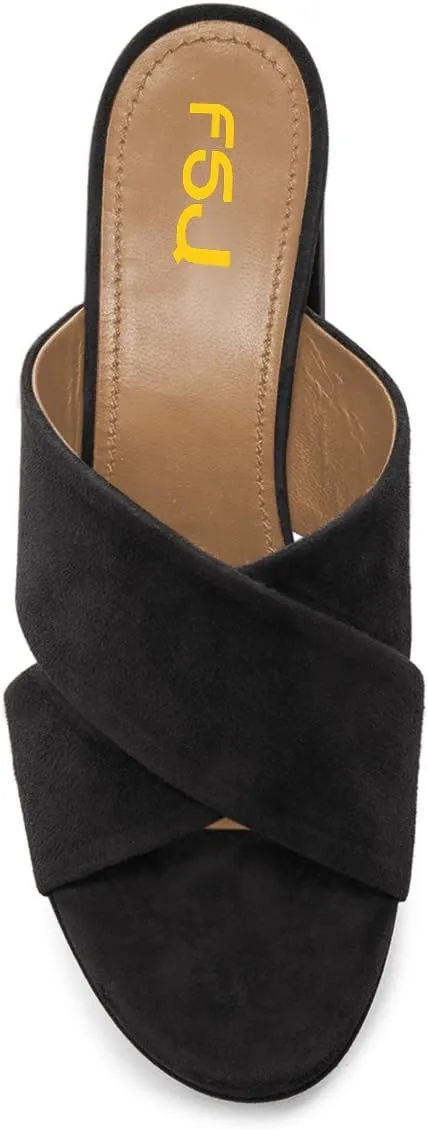 FSJ Women Chic Open Toe Platform Chunky High Heel Mules Sandals Crossover Strap Slide Shoes Size 4-15 US