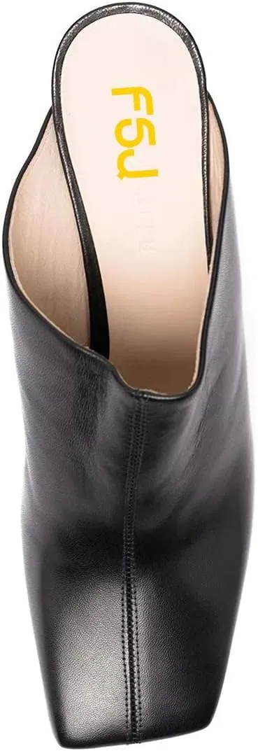 FSJ Women Closed Squared Toe Mules Slip On Chunky Mid High Heels Backless Sandals Summer Casual Nightclub Shoes Size 4-15 US