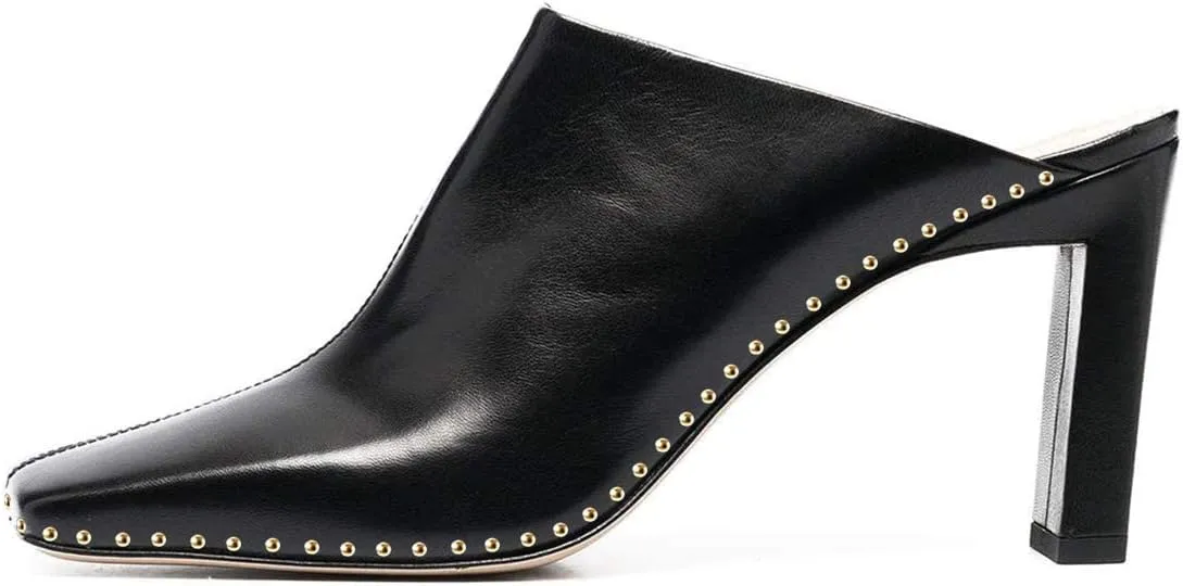 FSJ Women Closed Squared Toe Mules Slip On Chunky Mid High Heels Backless Sandals Summer Casual Nightclub Shoes Size 4-15 US