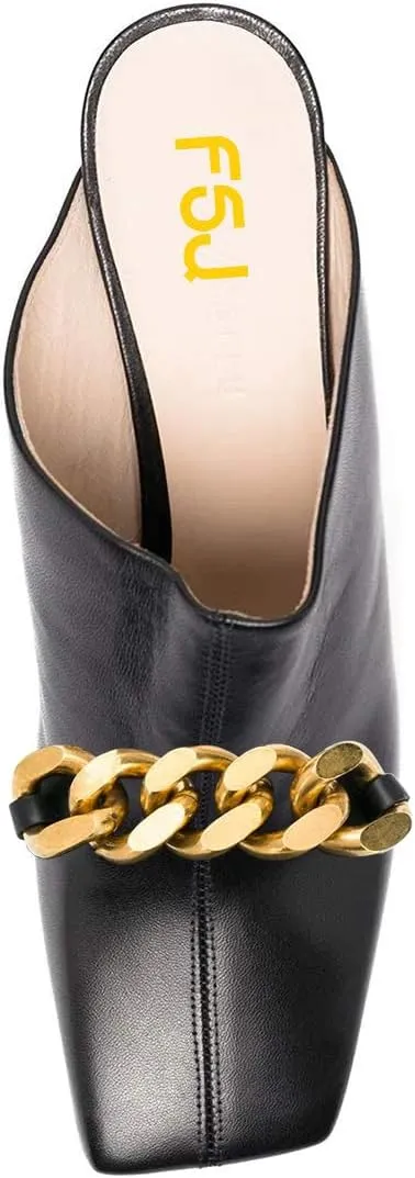 FSJ Women Closed Squared Toe Mules Slip On Chunky Mid High Heels Backless Sandals Summer Casual Nightclub Shoes Size 4-15 US