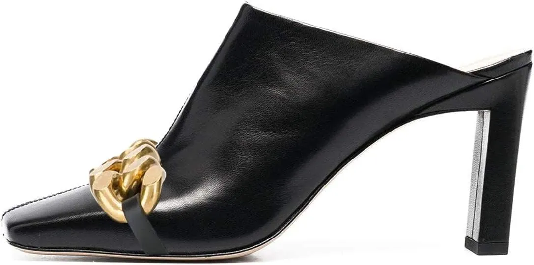 FSJ Women Closed Squared Toe Mules Slip On Chunky Mid High Heels Backless Sandals Summer Casual Nightclub Shoes Size 4-15 US